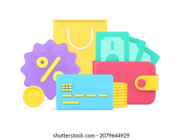 Seasonal sale, discount, black friday with paper shopping bag and percentage symbol 3d icon vector illustration. Commercial retail, shopaholism and consumerism with cash money, wallet and credit card