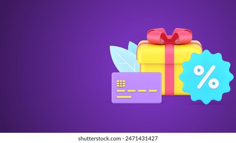 Seasonal sale, discount, black friday concept 3d icon isometric vector illustration. Bright wrapped festive gift box with bow ribbon and credit card for e money contactless payment, percentage symbol