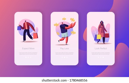 Seasonal Sale, Discount Mobile App Page Onboard Screen Template. Tiny People Purchase Gifts. Happy Men and Women with Packages. Buyers Have Shopping Fun Concept. Cartoon Characters Vector Illustration