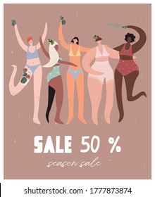 Venta estacional, descuentos. Cartel con modelos multiculturales de mujeres en ropa interior para descuentos y ventas de temporada. Cuerpo positivo, feminismo e igualdad. Bonita ilustración plana vectorial en estilo de dibujos animados.