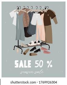 Seasonal sale, discounts. Poster with rail everyday fashionable things: clothes and shoes for seasonal discounts and summer clothing sales. Nice vector flat illustration in cartoon style. 