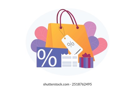 Seasonal sale discounts. Presents purchase, visiting boutiques, luxury shopping. Price reduction promotional coupons, special holiday offers. Vector isolated concept metaphor illustration