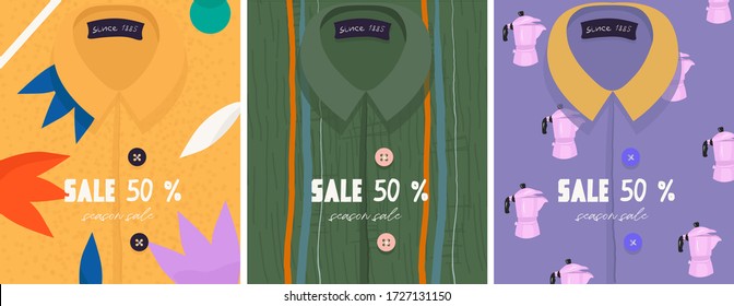 Seasonal sale, discounts. Set of funny vector flyers for seasonal discounts and summer clothing sales. Set of trendy t-shirts with prints with place for text in flat cartoon style.