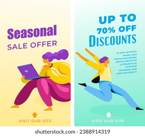 Seasonal sale of goods, offers and deals, discounts on clothes and electronics. Girl with the laptop. Woman running happily. Promotional banner or advertisement poster. Vector in flat styles