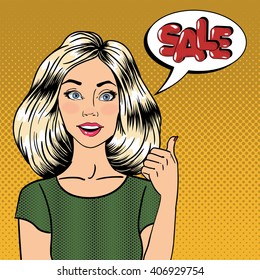 Seasonal Sale. Pop Art Woman Gesturing Great. Pin Up Girl with Comic Speech Bubble. Vector illustration