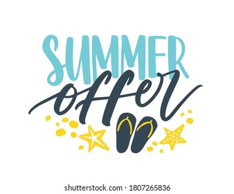 Seasonal sale promo lettering composition with handwritten cursive phrase. Summer Offer inscription. Flat vector illustration isolated on white background