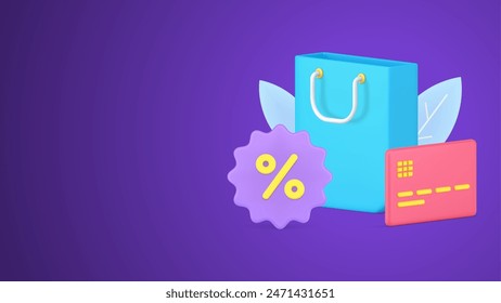 Seasonal sale, retail discount, commerce purchase, black friday 3d icon isometric vector illustration. Paper shopping bag with credit card and percentage symbol isolated. Shopaholism and consumerism