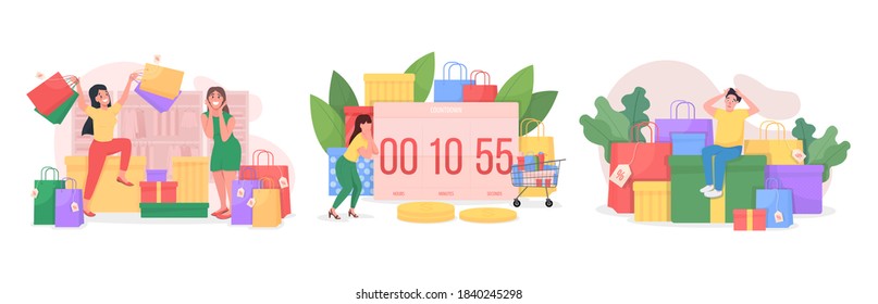 Seasonal sale rush flat concept vector illustration set. Online retail. Countdown to special offer in store. Shopaholic 2D cartoon characters for web design. Black friday creative idea collection