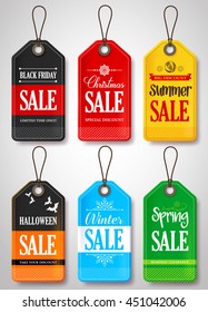 Seasonal Sale Tags for Black Friday, Christmas, Summer, Halloween, Winter and Spring for Store Promotion. Vector Illustration.
