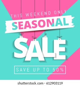 Seasonal Sale, this weekend only special offer banner, save up to50% off. Vector illustration. pink and blue colors. Web banner or poster for e-commerce, on-line cosmetics shop,  store. Vector