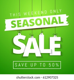 Seasonal Sale, this weekend only special offer banner, save up to 50% off. Vector illustration. Green colors. Web banner or poster for e-commerce, on-line cosmetics shop,  store. Vector