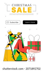 Seasonal Sale Vertical Banner Design. Christmas discount poster for mobile. Happy woman holding Xmas gifts. Online shopping banner, seasonal sale.