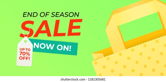 Seasonal sale web banner with paper bag and shopping tag.