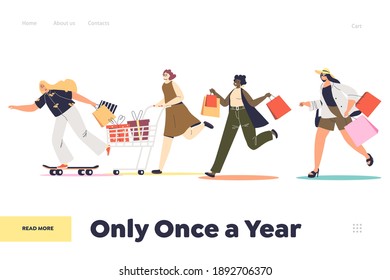 Seasonal sales and discounts concept of landing page with group of women running at shopping with shopping bags and carts. Young cartoon female characters and special offers. Flat vector illustration