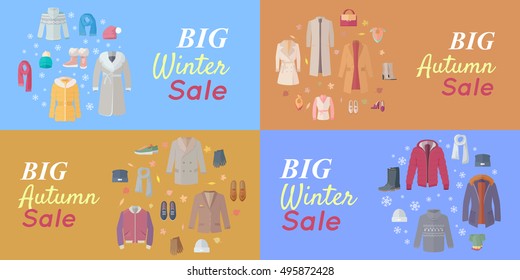 Seasonal Sales Vector Concepts. Flat style. Big winter and autumn sales. Warm mens, and women s clothes, shoes and accessories for cold season on colored backgrounds. For store discounts ad design