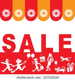 Seasonal Sales, vector illustration for Banner, Poster or Display cases. Peoples rush in the Shop.