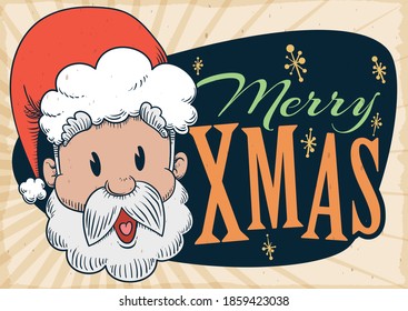 Seasonal scroll in retro style, with happy and smiling Santa Claus over starry sign ready for Xmas celebration.