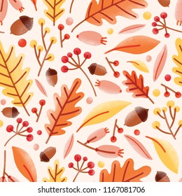 Seasonal seamless pattern with acorns, fallen oak leaves, viburnum berries on white background. Natural vector illustration in modern flat style for wrapping paper, wallpaper, textile print, backdrop.