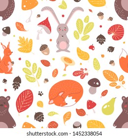 Seasonal seamless pattern with adorable wild forest animals, autumn leaves, acorns and mushrooms on white background. Childish flat vector illustration for textile print, wallpaper, wrapping paper.