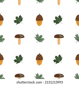 Seasonal seamless pattern with cute hand drawn acorn, mushroom and maple tree leaf. Vector woodland background for kids room decor, nursery art, fabric, wallpaper, textile, packaging, wrapping paper.