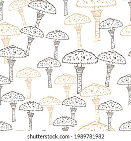 Seasonal seamless pattern with isolated random outline mushroom shapes. White background. Stock illustration. Vector design for textile, fabric, giftwrap, wallpapers.