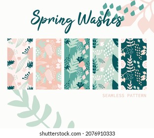 Seasonal seamless pattern, pastel color, soft tone design, spring, autumn theme, fresh pattern, leaf, hand made artwork, hand made patterns, trendy colors, plants patterns