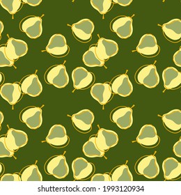 Patrón estacional sin fisuras con la impresión de siluetas simples de pera. Fondo verde. Impresión aleatoria de fruta. Diseñado para el diseño de tejidos, impresión textil, envoltura, cubierta. Ilustración vectorial.