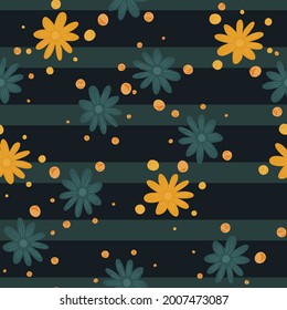 Patrón estacional sin fisuras, con formas aleatorias de flores de color naranja y azul turquesa. Fondo rayado. Diseño gráfico para envolver texturas de papel y tela. Ilustración vectorial.