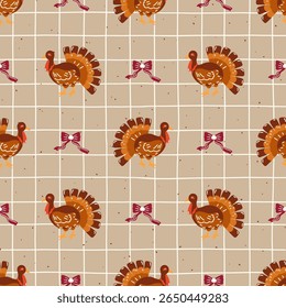 Seasonal seamless pattern with traditional Thanksgiving motifs. Includes pumpkins, foliage, and turkey icons, ideal for holiday packaging and fabric.
