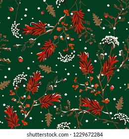 Seasonal Seamless pattern vector of winter snow in the garden flower delicate soft and beautiful mood design for fashion,fabric,wallpaper,and all prints on dark green background color