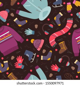 Seasonal Seamless Pattern With Winter Clothes;scarf, Hat, Socks, Sweater, Gloves. Design For Wrapping Paper, Fabric, Pattern Fills, Web Page Background, Wallpaper, Prints, Scrapbook. Vector Texture.  