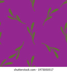 Seasonal seamless spring pattern with leaf branches doodle print. Purple bright background. Nature style. Vector illustration for seasonal textile prints, fabric, banners, backdrops and wallpapers.