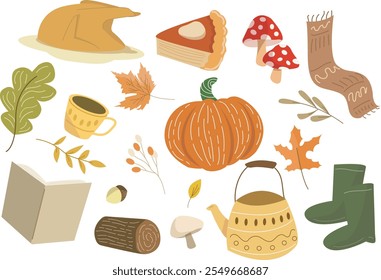 Seasonal set of autumn objects, leaves, and stuff. No background only vector illlustration.