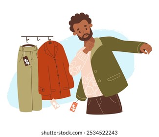 Seasonal shopping. Bearded black ethnic Man tries on business jacket at sale. Nearby is hanger with trousers and coats. Vector illustration. Male shopper character. Black Friday, purchase concept