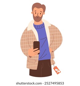 Compras sazonais. Homem barbudo tenta em casaco xadrez de inverno na venda e tira foto de si mesmo em seu telefone. Ilustração vetorial. Personalidade de comprador masculino festivo