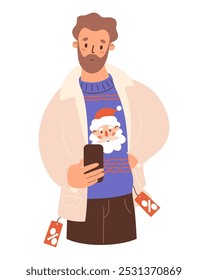  Seasonal Shopping. Bearded Man trying on winter clothes and ugly Christmas sweater with Santa on sale and takes photo of himself on phone. Vector illustration. Festive male shopper character