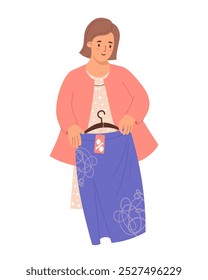 Seasonal shopping. Brunette woman trying on fashionable skirt at sale. Vector illustration. Festive female shopper character