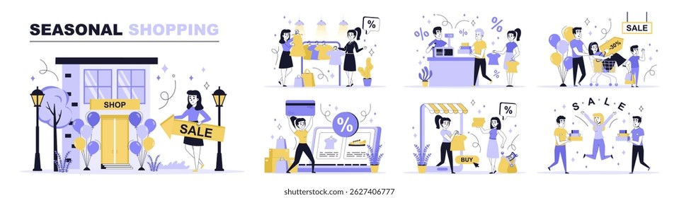 Seasonal shopping concept set in flat web design. Collection with people making purchases at sales, buying new clothing at shop, ordering online. Flat vector illustration isolated on white background.