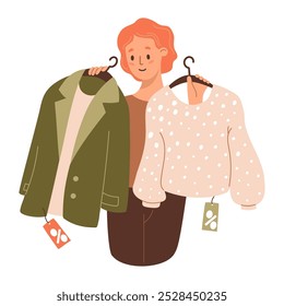 Dia de compras sazonal. Menina ruiva bonito escolhe e tenta na blusa e casaco de negócios à venda. Ilustração vetorial. Personagem do comprador feminino