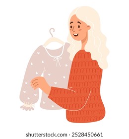 Seasonal Shopping day. Happy blonde woman trying on blouse at sale. Vector illustration. Cute female shopper character