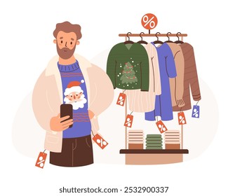 Seasonal Shopping, sale. Man trying ugly Christmas sweater with Santa and takes photo on phone. Nearby there is rack with winter fashionable New Year clothes. Vector illustration. Festive male shopper