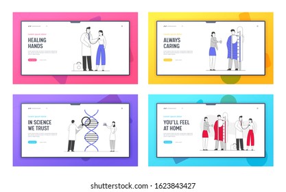 Seasonal Sickness, Dna Science, Health Care Website Landing Page Set. Sick Person Has Cold. Treatment with Medicine and Hot Drink, Genetics Web Page Banner. Cartoon Flat Vector Illustration, Line Art