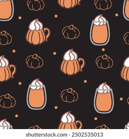 Seasonal Spice Pumpkin Latte Mug Seamless Pattern. Pperfect for enhancing home decor textiles, creating festive apparel, or crafting unique accessories for the fall season.