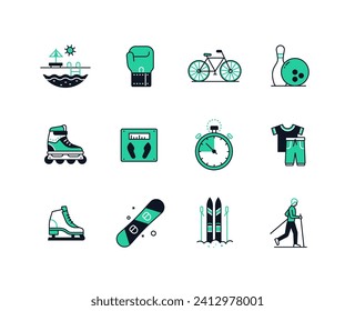 Deportes estacionales y entretenimiento - iconos de estilo de diseño de línea con trazo editable. Piscina, guante de boxeo, bicicleta, boliche, patines de ruedas, ropa deportiva para correr, patines, snowboard y esquís