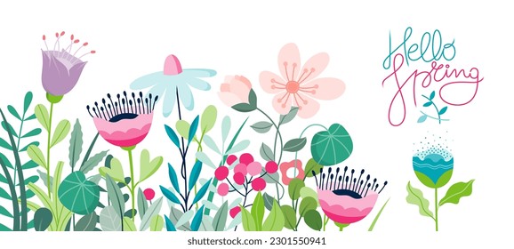 Ilustración colorida de la bandera decorativa de primavera estacional. Hola Banner de concepto de primavera con flores lindas dibujadas a mano sobre un fondo blanco. Ilustración vectorial completa de temporada de primavera con espacio de copia.