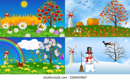 Seasonal. Spring, Summer, Autumn, Winter. Four seasons. Color vector illustration on nature background 