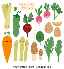 Seasonal Spring Vegetables collection. Vector hand drawn cute vegetables with smiley faces. Radish, Beet, Leek, Carrot, Potato, Sweet peas, Arugula, Asparagus, Spinach, Morel.