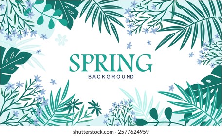 A seasonal spring-themed background illustration with beaut green tropical leaves in a modern, elegant design. perfect for seasonal promotion, greeting cards, social media post , nature related design