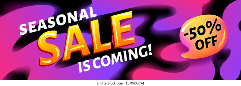 Seasonal ssale is coming - pink and black horizontal advertising web banner or poster, placard template with colorful abstract elements, vector illustration