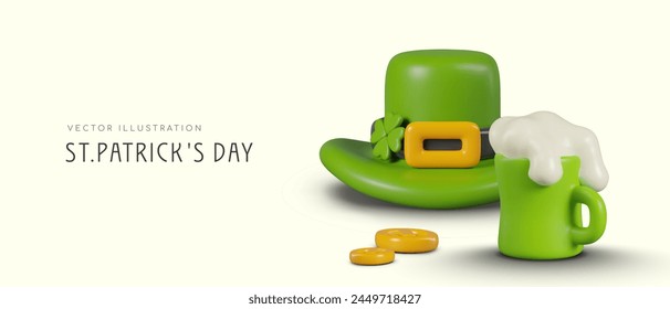 Seasonal St. Patrick Day header. Traditional leprechaun hat, beer mug, clover, gold coin